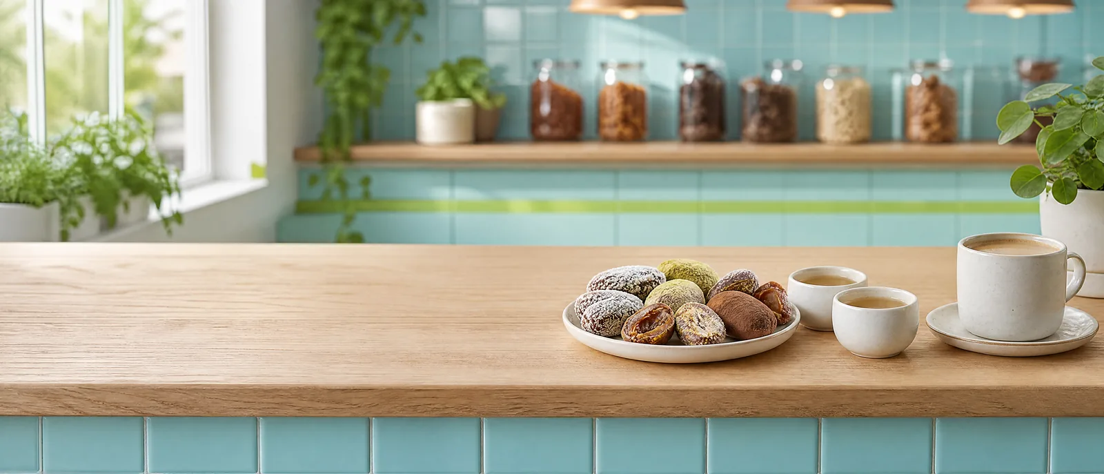 Mushy pouches on a café counter beside a plate of dates and coffee